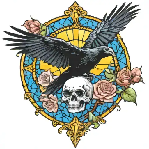 Raven Flying With A Skull With Mushrooms And Roses Bottom Border With Blue Stained Glass Background