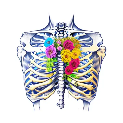Skeleton Torso With Flowers Aroundthe Torso And On The Side Of It