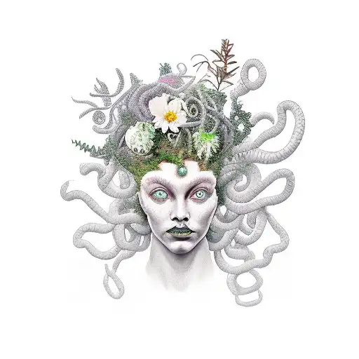 Medusa Head Witch With Flowers And Greenery Surrounding