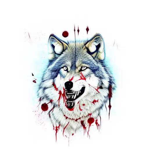 Alpha Wolf With Scars And Blood Dripping From Its Mouth