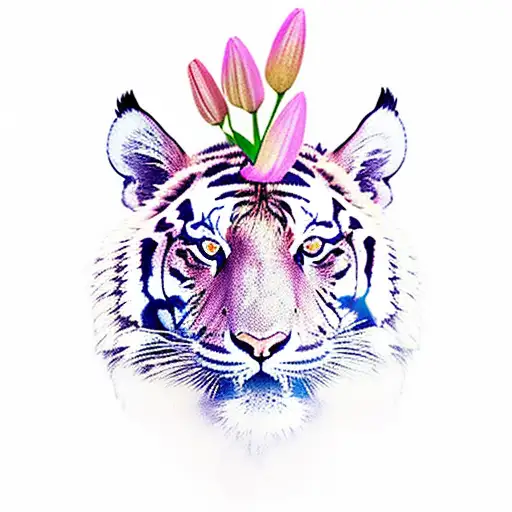 Tiger With Lily Flowers