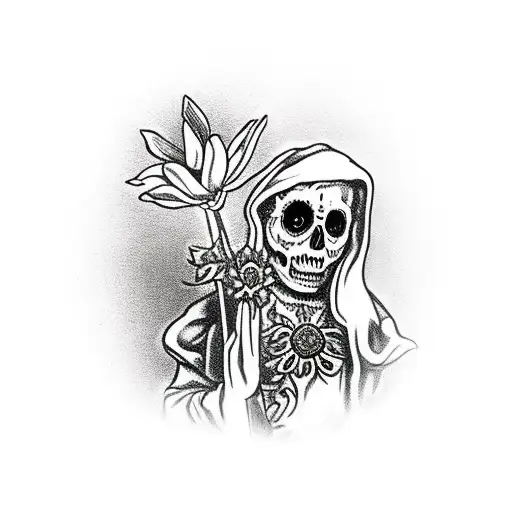 Santa Muerte Holding A Pipe And An Edelweiss Flower