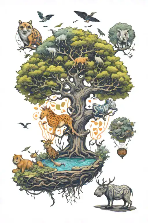 Animals Floating Around A Tree Of Life Cycle Path