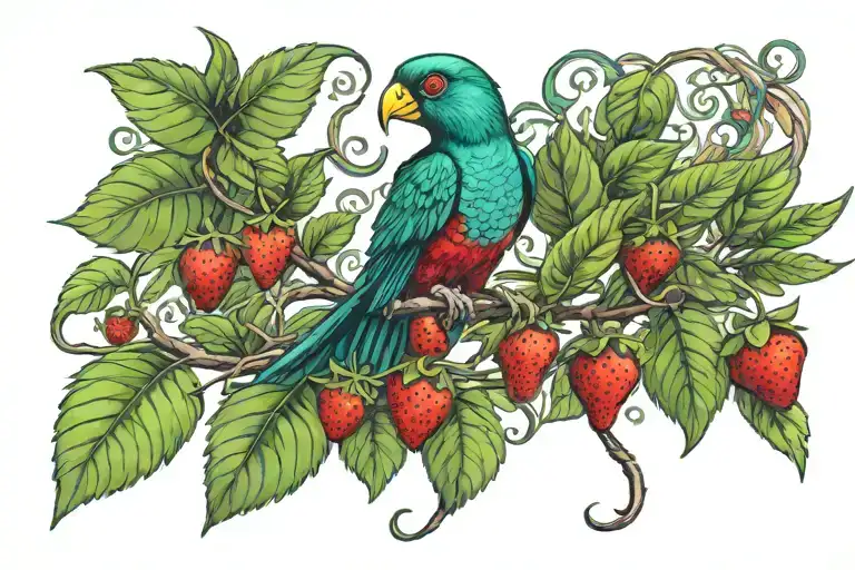 Quetzal Bird With Long Tail Landing On A Strawberry Vine