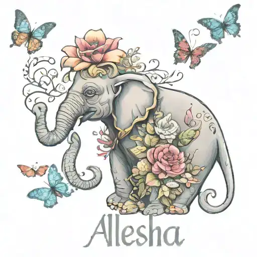 Word That Spells Aleesha In Cursive With And Elephant And Butterflies