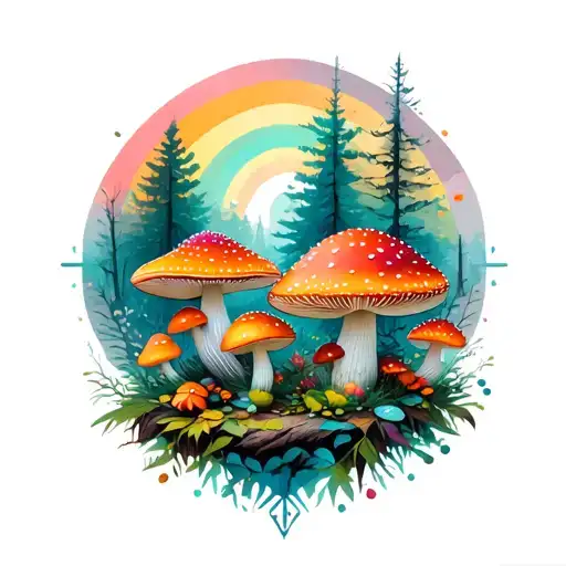 Geometric Forest And Amanita Mushrooms Geometry Mandala Background Rainbow