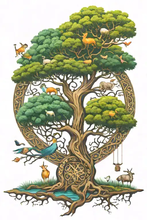 Animals Floating Around A Tree Of Life Intertwined