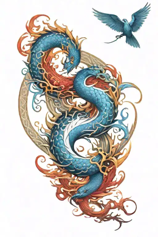 Ying Yang With A Blue Dragon And Red Pheonix Flying