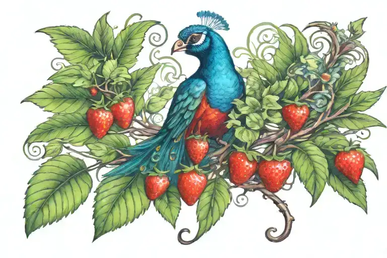 Peacock With Long Tail And Very Long Feathers Landing On A Strawberry Vine