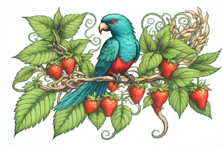 Quetzal Bird With Long Tail And Very Long Feathers Landing On A Strawberry Vine