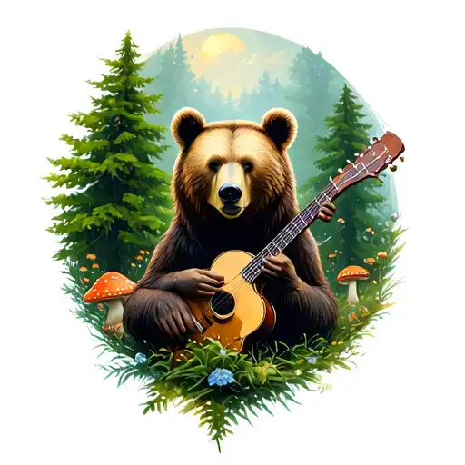 A Female Bear Surrounded By Green Trees And Amanita Mushrooms With Bluegrass Instruments