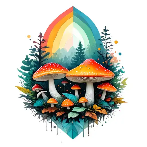 Geometric Forest And Amanita Mushrooms Geometric Mandala Rainbow Background Black Lines