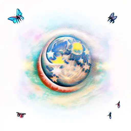 Cresent Moon With The Nothern Stars And Two Butterflies