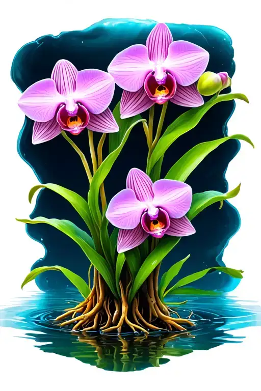 3 Water Orchids Side By Side In Waqter With Roots Hanging In Blue And Green Colors