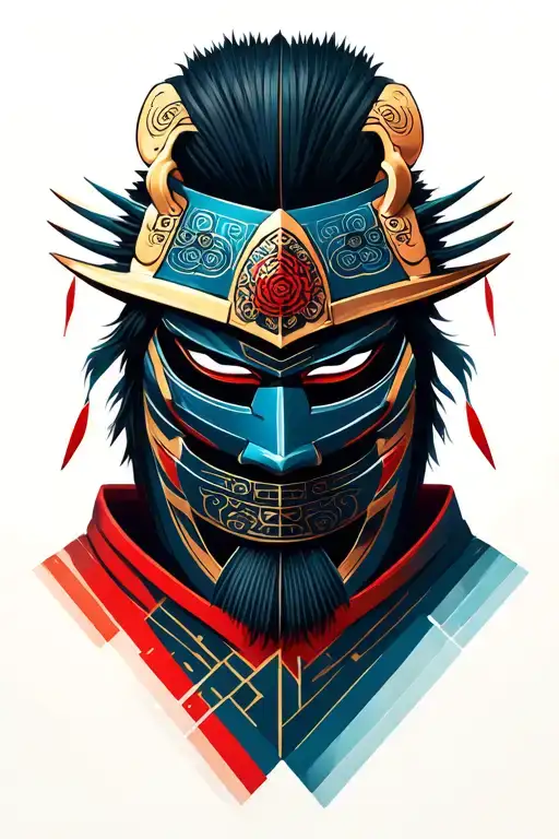 Japane Mask Samurai Warrior With Geometric Background