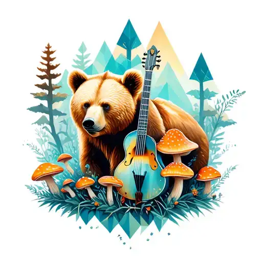 A Female Bear Surrounded By Geometric Forest And Amanita Mushrooms With Bluegrass Instruments