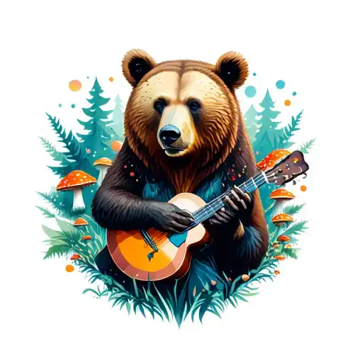 A Female Bear Surrounded By Geometric Forest And Amanita Mushrooms With Bluegrass Instruments