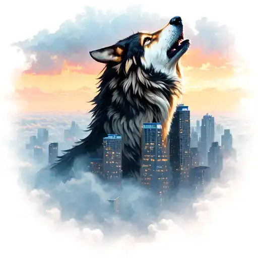 A Wolf Howling Into A Tiny City Through The Clouds On The Horizon