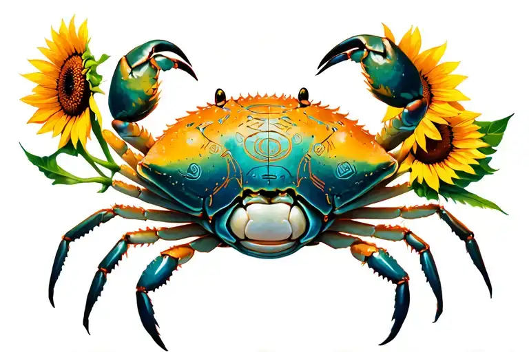 Zodiac Crab With Sunflowers Growing And Feeling Of Serenity