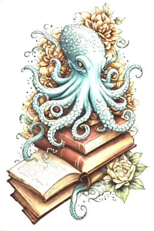Pretty Octopus With Stars And Chrysanthemums And Books