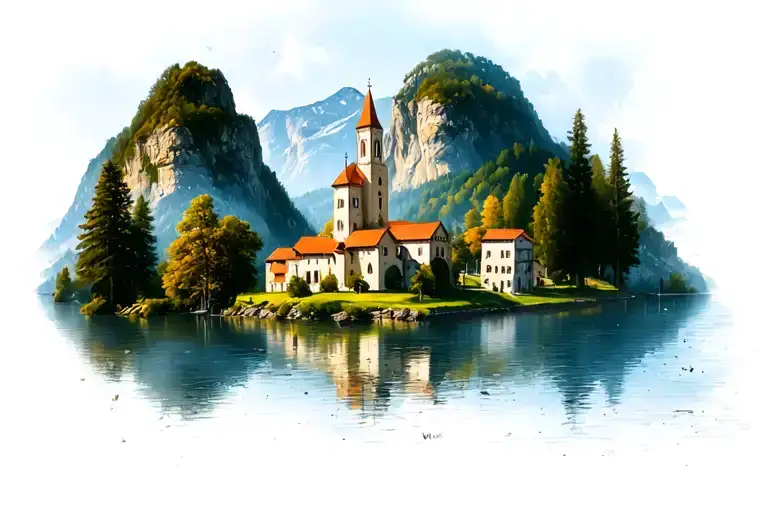 Lake Of Covadonga Spain With Te Mountain En Church Triangel