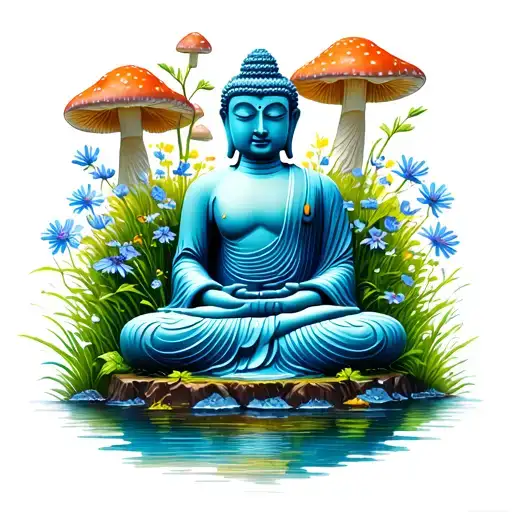 A Serene Landscape With A Buddha Statue Surrounded By Bluegrass Flowers And Mushrooms