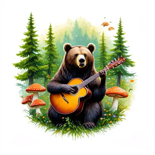 A Female Bear Surrounded By Green Trees And Amanita Mushrooms With Bluegrass Instruments