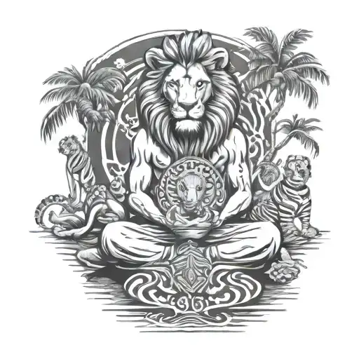 Lion In Zebra Print Surrounded By Buddhist Monk Meditating