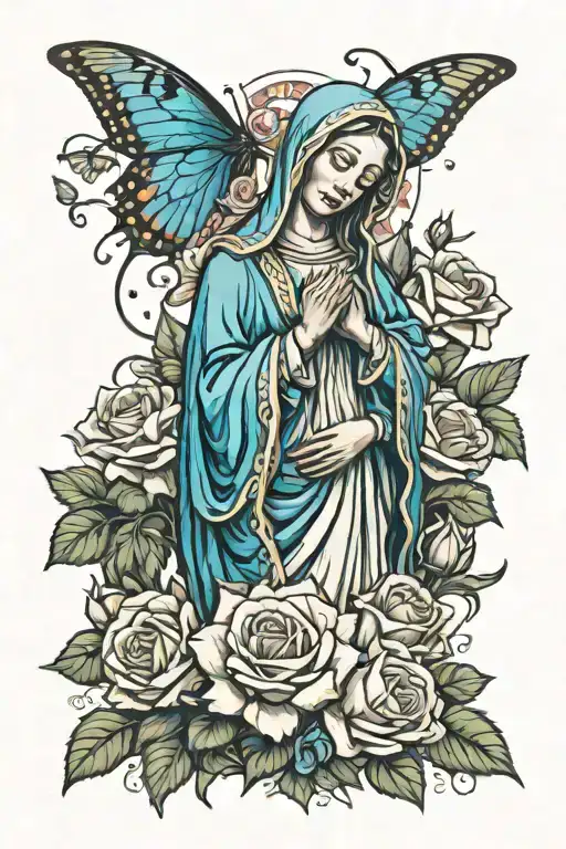 Virgin Mary Holding Roses And Surrounded By Flowers And Butterflies