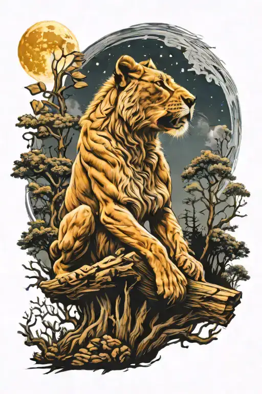 Lioness On A Stump In The Woods Howling At The Moon