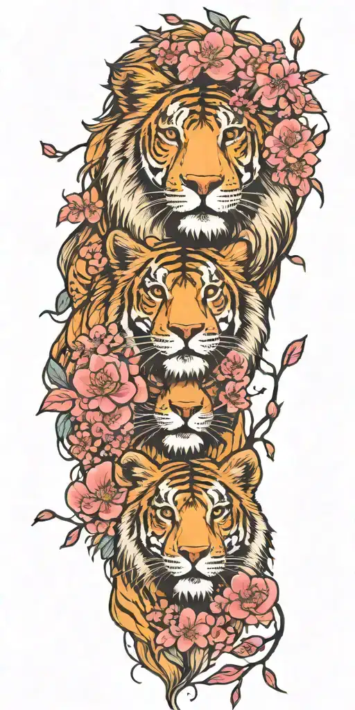 Design A Dotwork Tattoo Of An Anime-inspired Lion And Tiger Surrounded By Cherry Blossom Trees