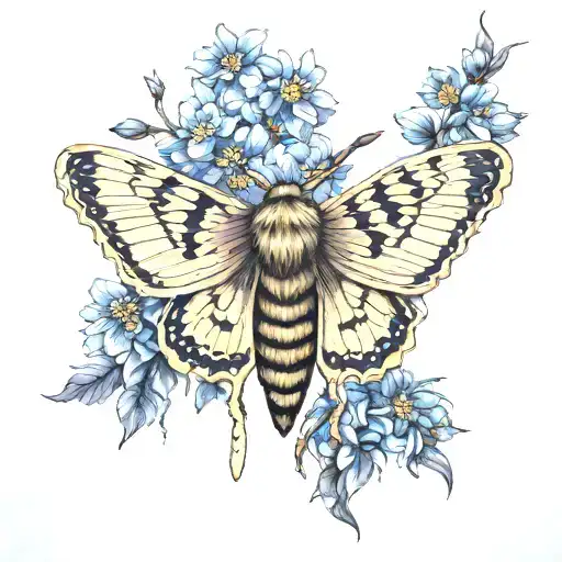 Deadhead Moth Surrounded By Dark Blue Flowers