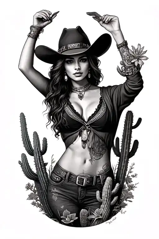 Western Cowgirl With Cactus Surrounded