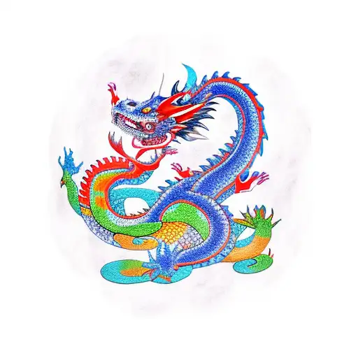 Coloured Dragon With Koi Fish For Arm