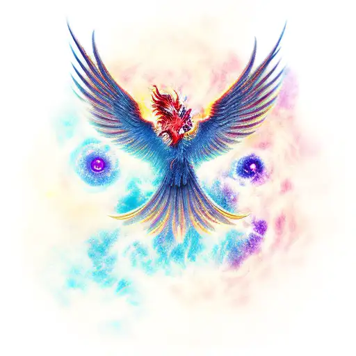 Phoenix Rising From Ashes Surrounded By A Nebula