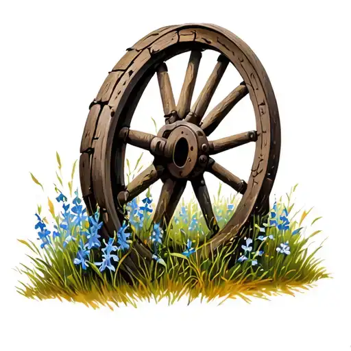 Old Broken Wagon Wheel With Tall Grass And Larkspur