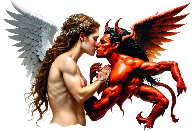 Female Angel Kissing A Male Devil