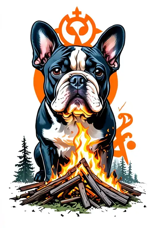 Dark Souls Bonfire With French Bulldog Sitting In A Forrest And Humanity Symbol Flying