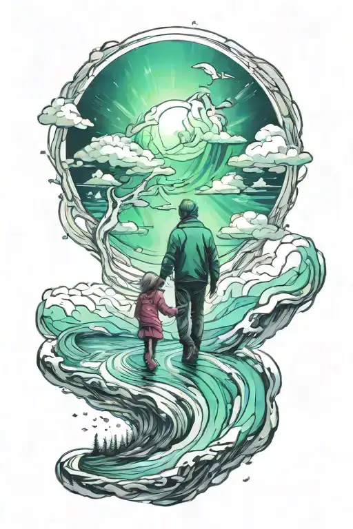 Northern Lights With A Father And Daughter Holding Hands