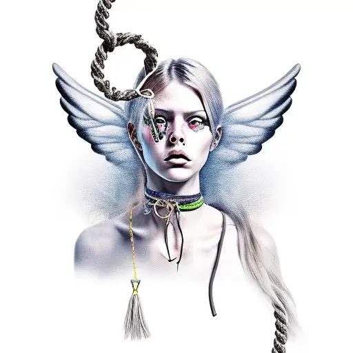 Blank Faced Female Angel With Cut Noose Around Her Neck