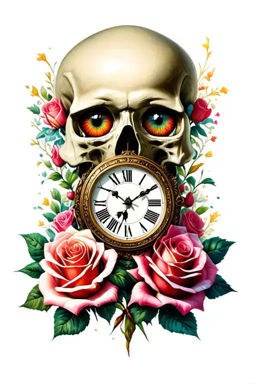 Eyeball Clock Roses Skull