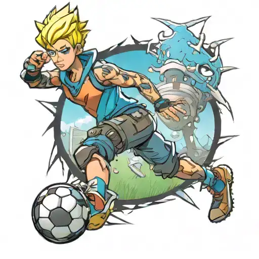 A Anime Tattoo Of A Fortnite Character In A Battle Royale Setting On A Soccer Field