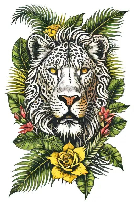 Half A Fierce Lion Face Poking Through A Tropical Jungle Of Palm Leaves And Plants With Yellow Roses