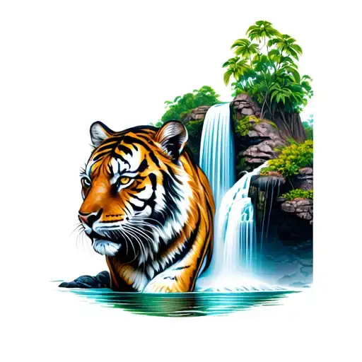 Color Arm Tattoo With Waterfall And Tiger
