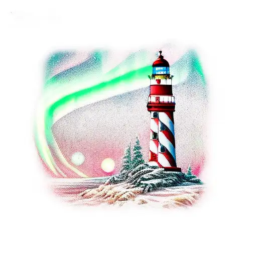 Red And White Candystriped Lighthouse With Northern Lights