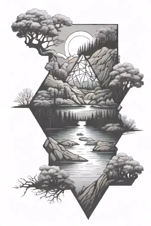 Diamond Rhombus Outline Filled With A Nature Scene Depicting A River Flowing Through The Ozarks