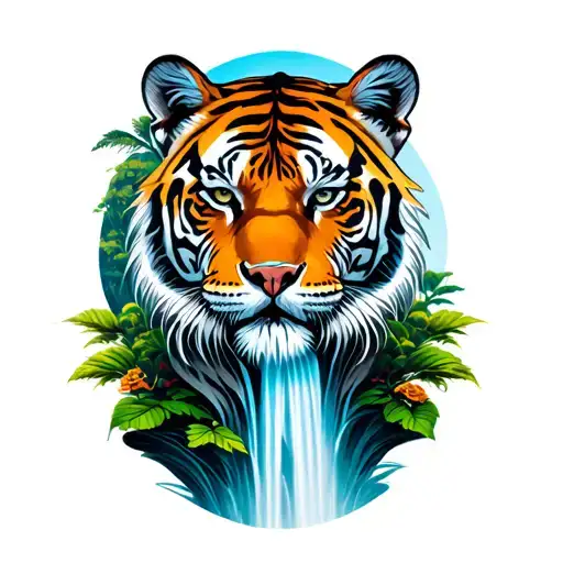 Color Arm Tattoo With Waterfall And Tiger