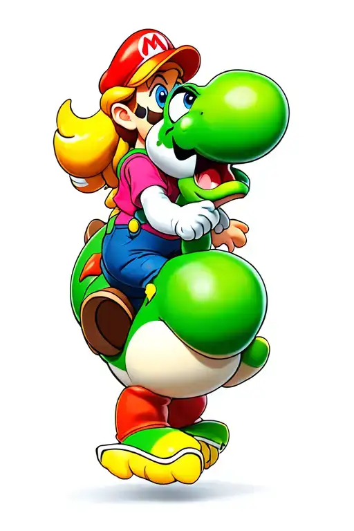 Princess Peach On Mario Bros Back Riding Yoshi And Yoshi Swalowing Toad