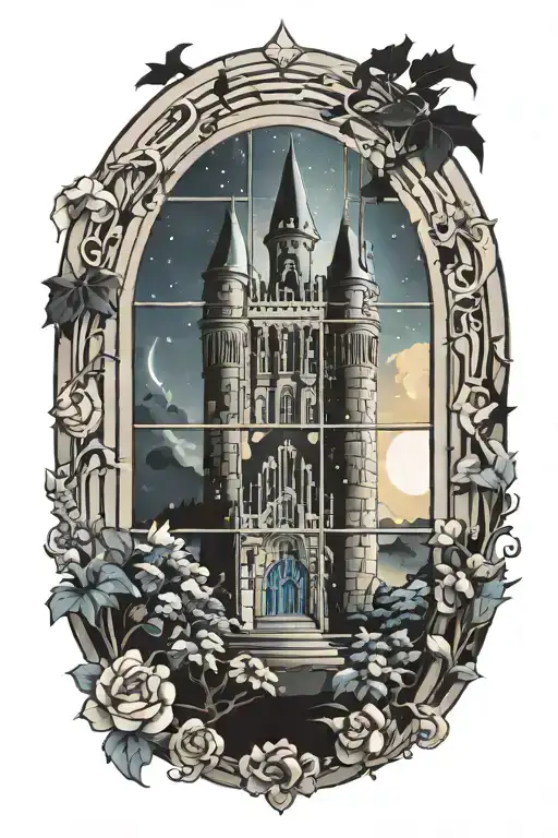 Ornamental Design Surrounding A Castle Window With Night Sky And Castle In Background