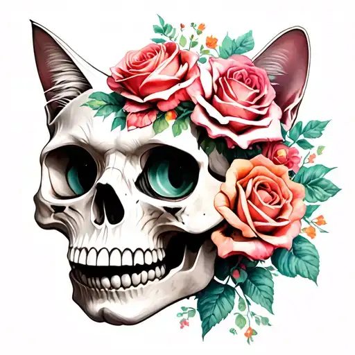 Cat And Skull With Roses Blooming